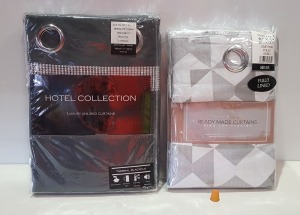 30 X BRAND NEW SKANDI AND HOTEL COLLECTION MIXED CURTAIN LOT CONTAINING THERMAL BLOCKOUT CURTAINS IN VARIOUS STYLES AND SIZES I.E WIDTH-117CM DROP-229CM - WIDTH-117CM DROP-137CM - WIDTH 168CM DROP 183CM ETC