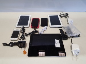 7 PIECE MIXED IT LOT CONTAINING 2 X WORKING SAMSUNG TABLETS, 3 X WORKING SMARTPHONES, 1 X MOTOROLA, 1 X SONY SMART WATCH. ALL TO INCLUDE CHARGING CABLE WITH NO POWER PLUG.