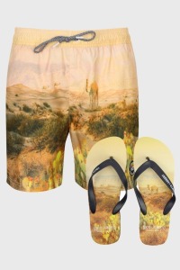 18 X BRAND NEW TOKYO LAUNDRY SWIM SHORTS AND FLIP FLOP SETS IN TL DESERT STLYE IN SIZES - INCLUDES INTERNAL MESH BRIEFS ( RRP £ 19.99 EACH ) 4 X SIZE M 8 X SIZE L 6 X SIZE XL