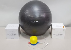 60 X BRAND NEW USA PRO EXERCISE BALL - INCLUDES PUMP - IN 2 SIZES TO INCLUDE 55 CM / 65 CM - RRP £ 15.99 EACH - IN INDIVIDUAL BOXES