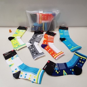 240 X BRAND NEW PAIRS OF COMFORT AND SOFT ANKLE / FULL SIZE SOCKS - ALL IN VARIOUS COLOURS AND PRINTS AND SIZES TO INCLUDE L AND XL ( IN 40 SEALED BAGS OF 6) - IN 2 TRAY NOT INCLUDED