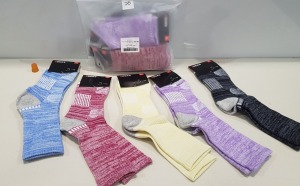 240 X BRAND NEW PAIRS OF COMFORT AND SOFT ANKLE / FULL SIZE SOCKS - ALL IN VARIOUS COLOURS AND PRINTS AND SIZES TO INCLUDE L AND XL ( IN 40 SEALED BAGS OF 6) - IN 2 TRAY NOT INCLUDED