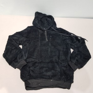 40 X BRAND NEW FLUFFY BLACK 1/4 ZIP HOODED JUMPERS IN SIZES SMALL - IN 4 TRAYS NOT INCLUDED