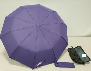 40 X BRAND NEW NEWDORA TRAVEL FOLDING ABSORBTION BAGS - INCLUDES PURPLE UMBRELLA / MICROFIBRE CLOTH AND MICROFIBRE DUSTER - INDIVIDUALLY BAGGED - 2 TRAYS NOT INCLUDED