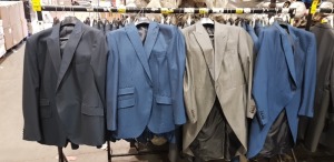 39 X EX HIRE TORRE JACKETS / MORNING COATS / SUIT JACKETS IN VARIOUS COLOURS TO INCLUDE DARK NAVY / DARK GREY / GREY - ALL IN VARIOUS SIZES TO INCLUDE 38R -36S- 34S 38R,36R,34R ETC