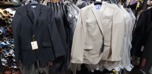 29 X BRAND NEW MIXED SUIT JACKETS LOT CONTAINING ALTA MODA 2 PIECE JACKET AND PANTS IN BEIGE / JOHN LEWIS SUIT JACKETS IN BLACK / SELECTED HOMME SUIT JACKETS IN BLACK - IN VARIOUS SIZES TO INCLUDE 44R -38R 44R ETC ( PLEASE NOTE SOME ARE DUSTY BUT BRAND 