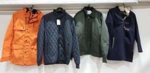 12 X BRAND NEW MIXED JACKET LOT CONTAINING 6 X TOPMAN KHAKI MENS JACKETS - SIZE XS RRP £ 49.99 / TOPSHOP WOMANS FAUX FUR COAT IN BLUE SIZE UK 4 RRP £ 64.99 / FAIRLANE & SONS MENS JACKET SIZE M / BRIT ISLAND MENS JACKET IN NAVY SIZE M / PULL & BEAR MENS J