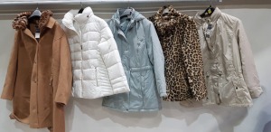 10 X BRAND NEW MIXED WOMANS JACKET / COAT LOT CONTAINING BONMARCHE LEOPARD PRINT FAUX FUR COAT SIZE UK 12 RRP £ 60 / 5 X BONMARCHE FAUX FUR COLLAR BUTTONED 3/4 LENGTH COATS IN SIZE UK 20 RRP £ 50 / CLASSIC WOMANS PUFFER JACKET IN WHITE SIZE UK 16 / BON