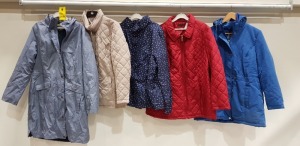 10 X BRAND NEW MIXED WOMANS JACKET / COAT LOT CONTAINING BONMARCHE WOMANS JACKET IN BROWN SIZE UK 20 RRP £ 40 / BONMARCHE WOMANS JACKET IN NAVY SIZE 24 RRP £ 28 / BONMARCHE WOMANS PUFFER JACKET IN RED SIZE UK 22 RRP £ 38 BONMARCHE WOMANS POLKA DOT JACKE