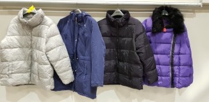 10 X BRAND NEW MIXED WOMANS JACKET / COAT LOT CONTAINING BONMARCHE WOMANS LONG PADDED COAT IN BLACK SIZE 22 / WOMANS FAUX FUR COLLAR PADDED COAT IN PURPLE SIZE UK 20 / 4 X BONMARCHE GREY PUFFER COATS IN SIZE UK22 / 20 / 16 RRP 30 - ETC