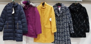 10 X BRAND NEW MIXED WOMANS JACKET / COAT LOT CONTAINING BONMARCHE LONG PADDED COAT IN PURPLE IN SIZE UK 10 / BONMARCHE PURPLE FAUR FUR COLLAR JACKET IN SIZE UK 12 RRP £ 50 / CARMEL FORMAL LONG BUTTON UP COAT RRP £ 45 / BONMARCHE FLOCK PRINT COAT IN SI