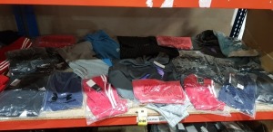 20 X BRAND NEW SPORTS BRANDED CLOTHING LOT CONTAINING NIKE JOGGERS IN BLUE SIZE S / TRAPSTAR JOGGERS IN GREY SIZE L / 2 X 2 PIECE ADIDAS TRACKSUIT IN BLACK/WHITE IN SIZE XS / VINCENTIUS LEAF PRINT HOODIE IN GREY SIZE M / ADIDAS SPORTS SHORTS IN RED SIZE 