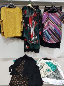 50 PIECE BRAND NEW MIXED WOMANS CLOTHING LOT TO INCLUDE JACKETS / BLOUSES / T-SHIRTS / CARDIGANS / SWEATERS ETC -ALL IN VARIOUS STYLES COLOURS AND SIZES ( PLEASE NOTE THIS IS ALL BRAND NEW BUT FACTORY SAMPLES FOR APPROVAL