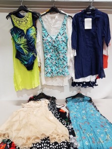 50 PIECE BRAND NEW MIXED WOMANS CLOTHING LOT TO INCLUDE DRESSES / SHOULDER STRAP TOPS / BLOUSES ETC -ALL IN VARIOUS STYLES COLOURS AND SIZES ( PLEASE NOTE THIS IS ALL BRAND NEW BUT FACTORY SAMPLES FOR APPROVAL