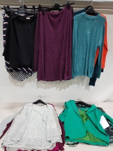 50 PIECE BRAND NEW MIXED WOMANS CLOTHING LOT TO INCLUDE PANTS / BLOUSES / KNITTED JUMPERS / BLAZERS ETC -ALL IN VARIOUS STYLES COLOURS AND SIZES ( PLEASE NOTE THIS IS ALL BRAND NEW BUT FACTORY SAMPLES FOR APPROVAL