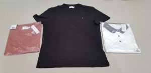 21 X BRAND NEW MIXED T-SHIRT AND POLO TOPS LOT CONTAINING 11 X BURTON MENSWEAR POLO SHIRTS IN WHITE - ALL IN SIXE XXL - RRP £ 15 / 8 X FARAH TEES IN BLACK - IN SIZES S AND XL / 2 X TOPMAN T-SHIRTS IN RED IN SIZE L - RRP £ 6.00 - ETC