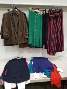 50 PIECE BRAND NEW MIXED WOMANS CLOTHING LOT TO INCLUDE PANTS, JUMPERS, SKIRTS, BLAZERS AND CARDIGANS ETC -ALL IN VARIOUS STYLES COLOURS AND SIZES ( PLEASE NOTE THIS IS ALL BRAND NEW BUT FACTORY SAMPLES FOR APPROVAL