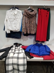 40 PIECE BRAND NEW MIXED WOMANS CLOTHING LOT TO INCLUDE JACKETS, PANTS, DRESSES, VESTS, ETC -ALL IN VARIOUS STYLES COLOURS AND SIZES ( PLEASE NOTE THIS IS ALL BRAND NEW BUT FACTORY SAMPLES FOR APPROVAL