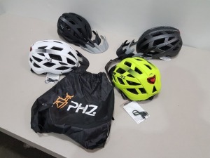 20 X BRAND NEW INDIVIDUALLY BAGGED PHZ (W-019) BICYCLE HELMETS, INCLUDES FRONT SCOOP AND REAR LED LIGHTS (CPSZ) IN MIXED SIZES (M-L) IN VARIOUS COLOURS TO INCLUDE CARBON FIBRE PRINT, WHITE, BLACK, GREEN