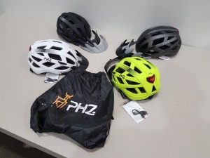 20 X BRAND NEW INDIVIDUALLY BAGGED PHZ (W-019) BICYCLE HELMETS, INCLUDES FRONT SCOOP AND REAR LED LIGHTS (CPSZ) IN MIXED SIZES (M-L) IN VARIOUS COLOURS TO INCLUDE CARBON FIBRE PRINT, WHITE, BLACK, GREEN