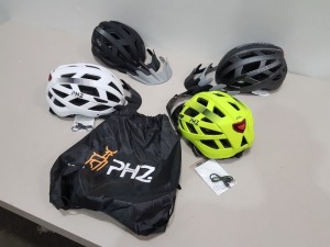 20 X BRAND NEW INDIVIDUALLY BAGGED PHZ (W-019) BICYCLE HELMETS, INCLUDES FRONT SCOOP AND REAR LED LIGHTS (CPSZ) IN MIXED SIZES (M-L) IN VARIOUS COLOURS TO INCLUDE CARBON FIBRE PRINT, WHITE, BLACK, GREEN