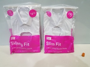 80 X BRAND NEW F&F PACKS OF 2 SKINNY FIT / SLIM FIT GIRLS SCHOOL SHIRTS - ALL IN WHITE IN MIXED SIZES TO INCLUDE 5-6 YRS / 8-9 YRS 15-16 YRS - IN 4 TRAYS NOT INCUDED