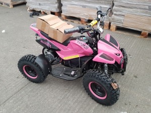 1 X ALREADY BUILT RAMPAGE EXTREME ELECTRIC QUAD BIKE - IN PINK - NOT IN BOX - FULLY BUILT ( PLEASE NOTE THIS STOCK IS PRE 2018 AND BATTERIES SUPPLIED WILL NOT CHARGE - NEW BATTERIES WILL REQUIRE SOURCING BY CUSTOMER ) - BOX SIZE 56 KG - 99.5 X 58 X 42 CM