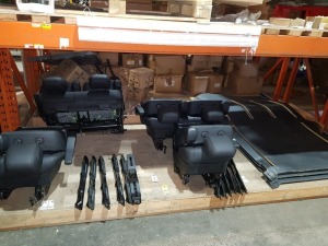 FULL BAY AUTOMOTIVE LOT CONTAINING 2 X SETS OF 2 ORIGINAL MERCEDES ( POSSIBLY VITO ) SEATS / INCLUDES SEAT TUNNEL BRACKETS / 3 X ORIGINAL MERCEDES FLOOR MATS ETC