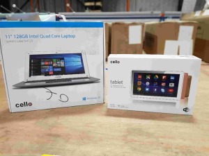 2 PIECE BRAND NEW LAPTOP AND TABLET LOT CONTAINING 1 X CELLO 11 INCH 128 GB INTEL QUAD CORE LAPTOP WITH WINDOWS 10 ( M1118 ) / AND 1 X 10 INCH QUAD CORE ANDROID TABLET