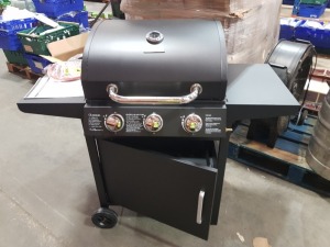 1 X BRAND NEW CHARLES BENTLEY 3 WAY GAS BURNER BARBECUE - ON WHEELS