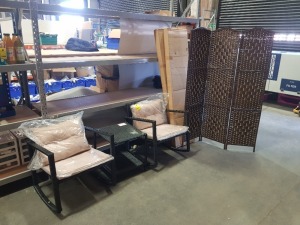 1 X BRAND NEW PUTSUNNY GARDEN RATTAN STYLE TABLE AND 2 X ROCKING CHAIRS INCLUDES CUSHIONS - ALSO TO INCLUDE 2 X WOOVEN SCREEN DIVIDERS / PRIVACY DIVIDERS