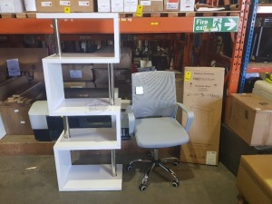 3 PIECE MIXED LOT CONTAINING 1 X BRAND NEW AND BOXED FMD FURNITURE OFFICE DESK - IN WHITE / 1 X BRAND NEW GREY OFFICE CHAIR / AND 1 X BRAND NEW CHARISMA WHITE 5 TIER SHELVING UNIT