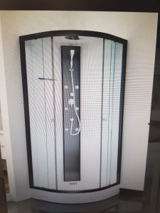 1 X BRAND NEW COMPLETE SHOWER CABINET ENCLOSURE TO INCLUDE ROOF AND TRAY / SLIDING DOOR / SIDE PANELS ( PROFILE BLACK - GLASS PANEL WHITE ) - 900 MM X 900 MM X 2150 MM ) - IN 4 BOXES