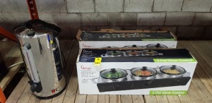 3 PIECE MIXED COOKING LOT CONTAINING 2 X VERGO 3 SECTION POT SLOW COOKER ( BOXES DAMAGED ) AND 1 X 36 LITRE WATER BOILER