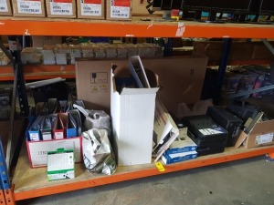 FULL BAY MIXED LOT CONTAINING 1 X EPSON WORKFORCE ( WF-2835DWF) PRINTER / SMARTFIT MONITOR STANDS / 6 C ESPACE ( 7903X) OFFICE PHONES / 3 DRAWER WOODEN FILING CABINET / VARIOUS PRINTER INK CARTRIDGES / VARIOUS OFFIICE FILES - 2 BAGS OF VARIOUS CABLES ETC 