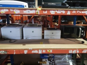 4 PIECE ELECTRONIC LOT CONTAINING 1 X HP COLOUR LASER JET PRO M452NW / 1 X HP COLOR LASER JET M454DN / 1 X HP JASER JET PRO M402DN / 1 X SAMSUNG CERAMIC INTERIOR MICROWAVE