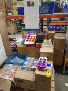 APPROX 500+ PIECE BRAND MIXED LOT CONTAINING BAYLIS & HARDING 480ML HAND GEL, BLUESKIES MOSQUITO PLUGS, MUFFIN PAN, SILICONE CUPS, METAL BINS, BOXED CABINET, ETC