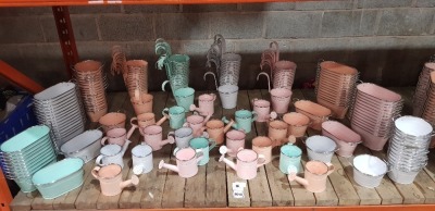 160+ BRAND NEW PREMIER GARDEN LOT CONTAINING SMALL WATERING CANS / FLOWER PLANT BUCKETS/ BUCKETS WITH HANDLES VARIOUS COLOURS PINK , ORANGE , GREEN , WHITE . HALF A BAY