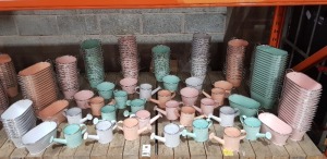 160+ BRAND NEW PREMIER GARDEN LOT CONTAINING FLOWER PLANT BUCKETS / SMALL WATERING CANS/ VARIOUS COLOURS , PINK ' GREEN , WHITE , ORANGE - ON HALF A BAY