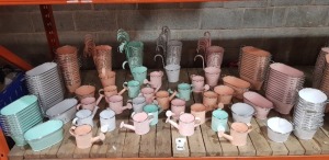 140 X BRAND NEW PREMIER GARDEN LOT CONTAINING PLANT BUCKETS / BUCKETS WITH HANDLES , SMALL WATERING CANS/ VARIOUS COLOURS PINK , GREEN , ORANGE . WHITE - ON A STACK SHELF