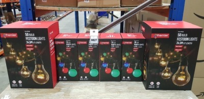 6 X BRAND NEW PREMIER INDOOR OUTDOOR LIGHTS 2 BOXES OF WARM WHITE LIGHTS 24.5M LIT LENGTH / 4 BOXES OF PARTY LIGHTS MULTI-COLOURED 5.7M LIT LENGTH.