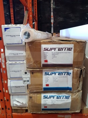 35 X BRAND NEW MIXED LOT CONTAINING 10 SUPREME SF PRESAT BLANKET WASH ROLLS 13.5M X 1325MM CODE 592003UVP , 20 KOMORI LSX40 DRY BLANKET 13.5 X 1072MM CODE DI6012D , 5 ULTRA MAX CLEAR 125 FILM 914MM X 30.5M IN 8 BOXES