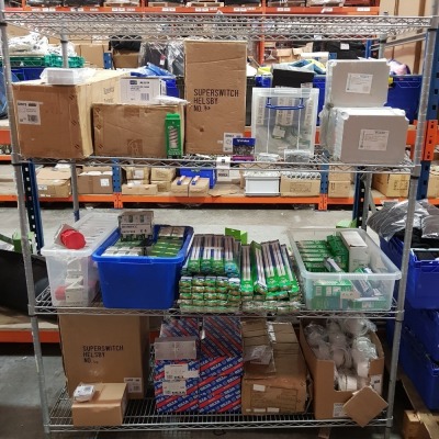 3 FULL SHELVES BRAND NEW MIXED LOT CONTAINING WICKES EARTH CLIPS, BELL SPIRAL BULBS, BELL CANDLE BULBS, BELL BLS BULBS, SUPERSWITCH MOULDED BOX, DUAL PATTRESS BOX, ETC