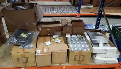 3/4 BAY MIXED BRAND NEW LOT CONTAINING LARGE AMOUNT OF CABLE CLIPS, SUPERSWITCH MOULDED BOXES, TOWER CORRUGATED FLEXIBLE CONDUIT, AQUA ART CABINETS, ETC