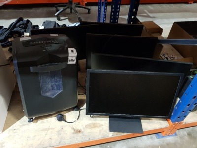 6 PIECE MIXED ELECTRONIC LOT CONTAINING 1 X BONSAII PAPER SHREDDER AND 5 X COMPUTER MONITORS TO INCLUDE SAMSUNG, ASUS AND LG