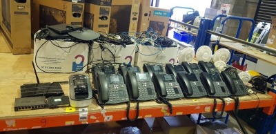 FULL BAY ELECTRONIC MIXED LOT CONTAINING BROTHER LABEL PRINTER, 12 X FANVIL TELEPHONES, GOODMANS FANS, 3 X BOXES OF VARIOUS HEADPHONES, CABLES AND ATTACHMENTS, ETC