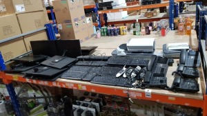 FULL BAY ELECTRONIC MIXED LOT CONTAINING 14 X PC MONITORS WITH NO STANDS (LG & SAMSUNG), 14 X KEYBOARDS, 6 X FANVIL TELEPHONES, ETC