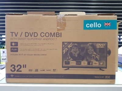 1 X CELLO 32 INCH TV/DVD COMBI WITH SMART SUPERFAST ANDROID 7