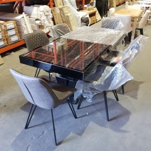 1 X BRAND NEW BLACK DIAMOND CRUSHED DINING TABLE SET WITH 6 BROWN PADDED CHAIRS (SIZE 180CM X 90CM X 79CM) (NOTE: IT IS NOT POSSIBLE TO PACK THIS ITEM SECURELY FOR HAULIER TRANSPORTATION & WILL NEED TO BE COLLECTED IN PERSON)