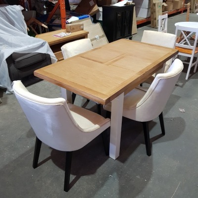 1 X BRAND NEW EXTENDABLE WOODEN TABLE SET WITH 4 SUEDE CREAM CHAIRS (SIZE EXTENDED 140CM X 75CM X 80CM) (LENGTH NOT EXTENDED 100CM)